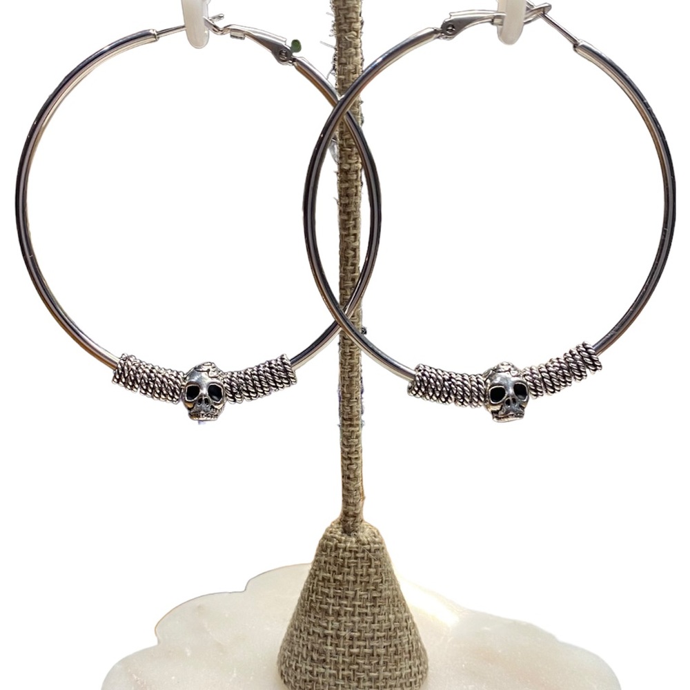 Silver Skull Hoop Earrings - Picture 3 of 4